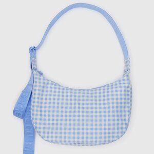 Baggu Medium Nylon Crescent Bag with Key Leash Light Blue Gingham